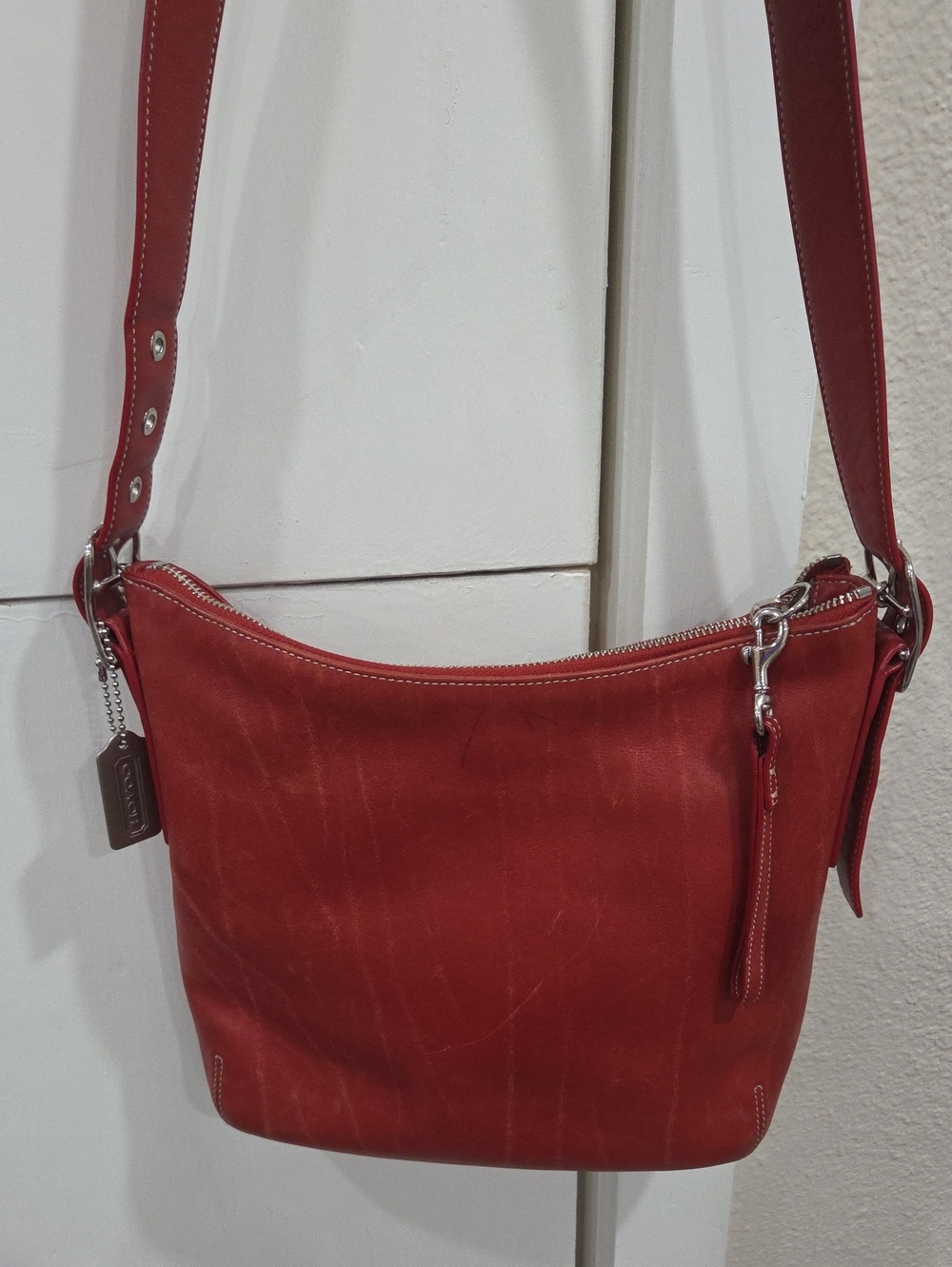Coach Red Leather Shoulder Hobo with Silver Hardware